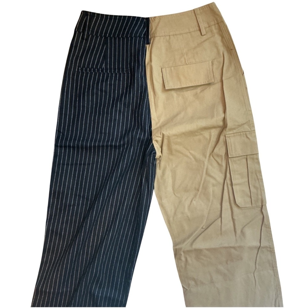 Choosy Two Tone Split Leg Cargo Pinstripe Trousers Tan Black Size 2 Streetwear - Picture 11 of 11